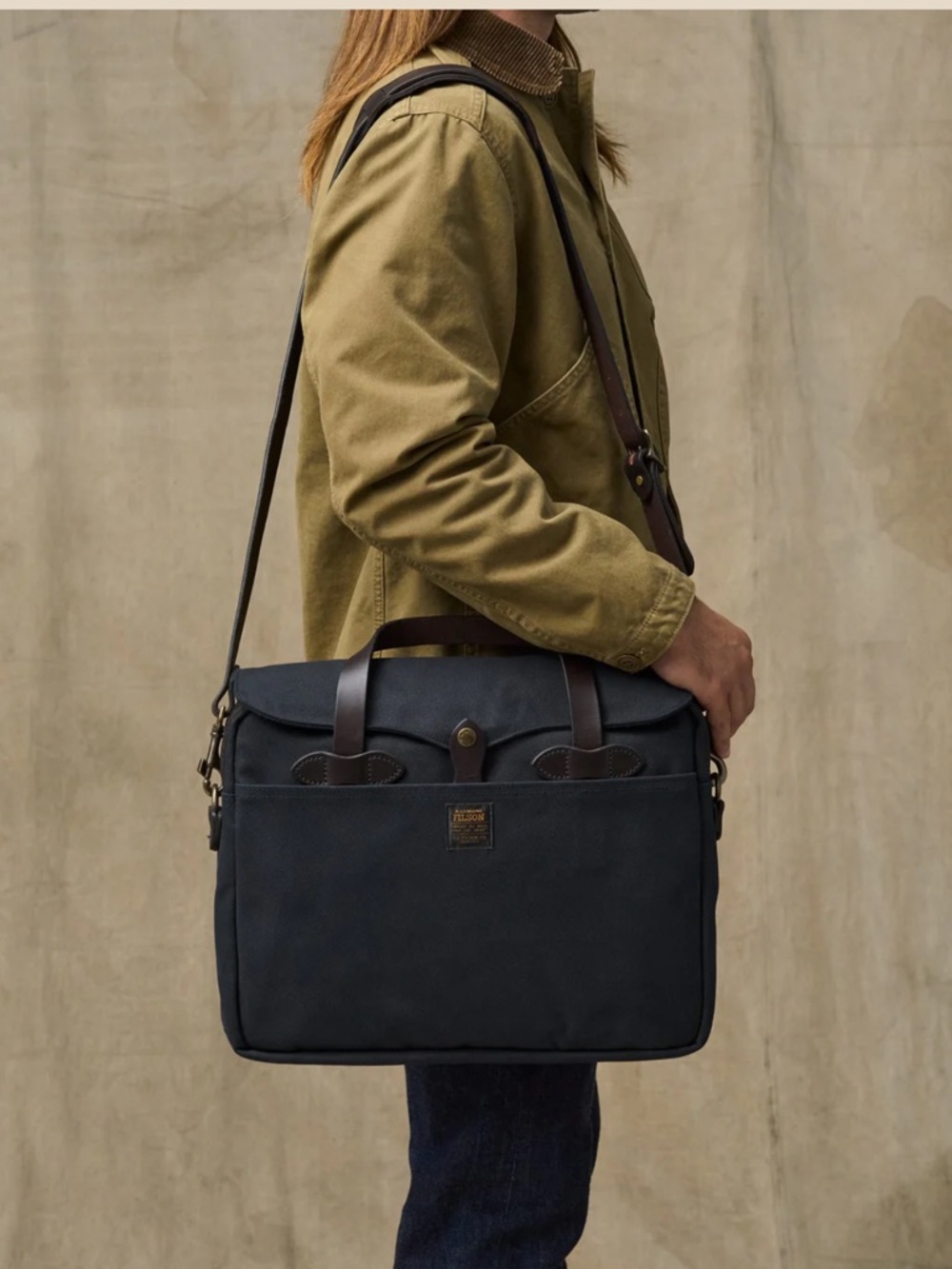 Filson Rugged Twill Original Briefcase - Navy with Brown Leather Trim